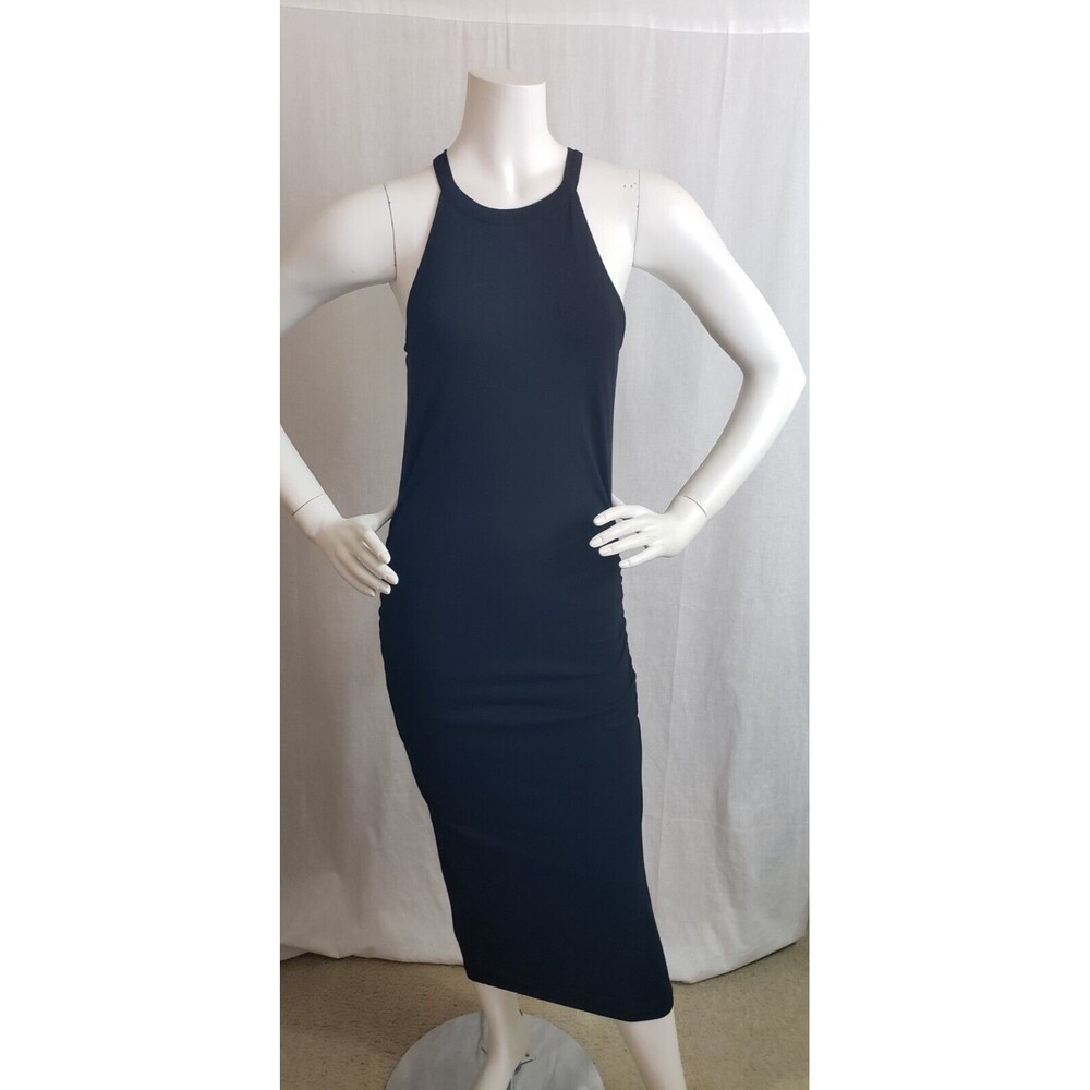 Michael Stars Dress Halter Midi Bodycon Black XL Ruched Gothic Witchcore Sexy